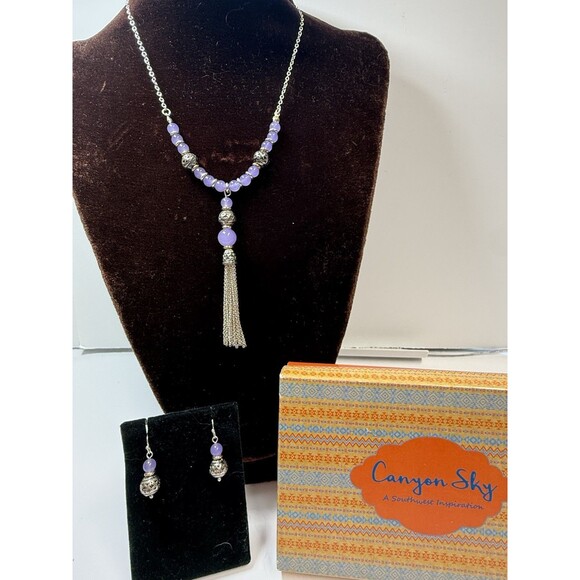 Canyon Sky Purple Stone Silver Tone Beaded Tassel Necklace & Earring Set New - Picture 1 of 7